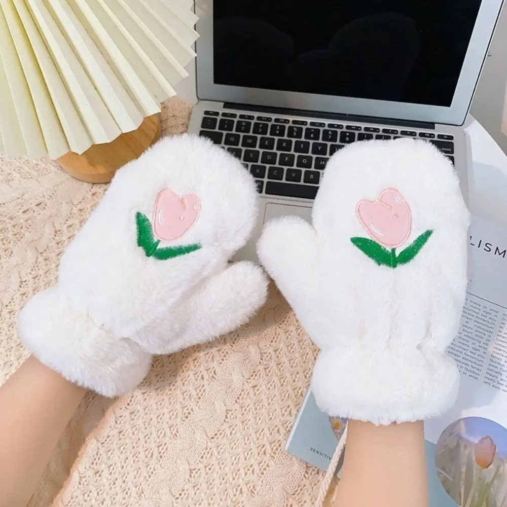 Cozy Cold-Proof Tulip Embroidery Gloves Warm Windproof Winter Cycling Gloves Fluffy Soft Hanging Neck Mittens for Women Girls