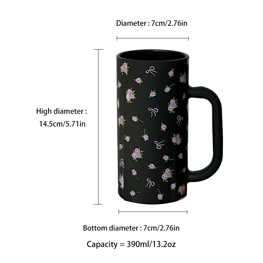 Large Capacity Tall Ceramic Coffee Mug Black Pink Rose Floral Coffee Mugs Cute Coquette Ribbon Tea Cup Birthday Gift