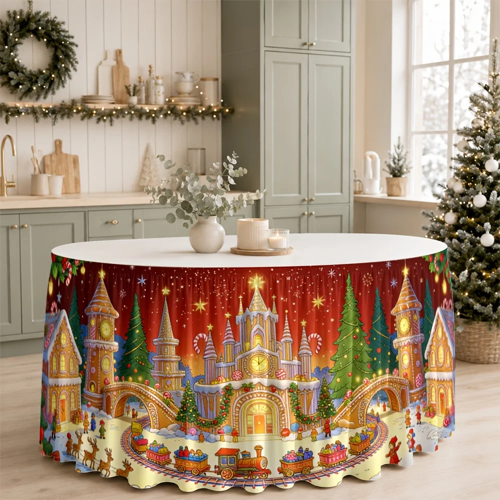 One table skirt, Christmas village print, polyester, festive, magical, comfortable, charming, winter wonderland