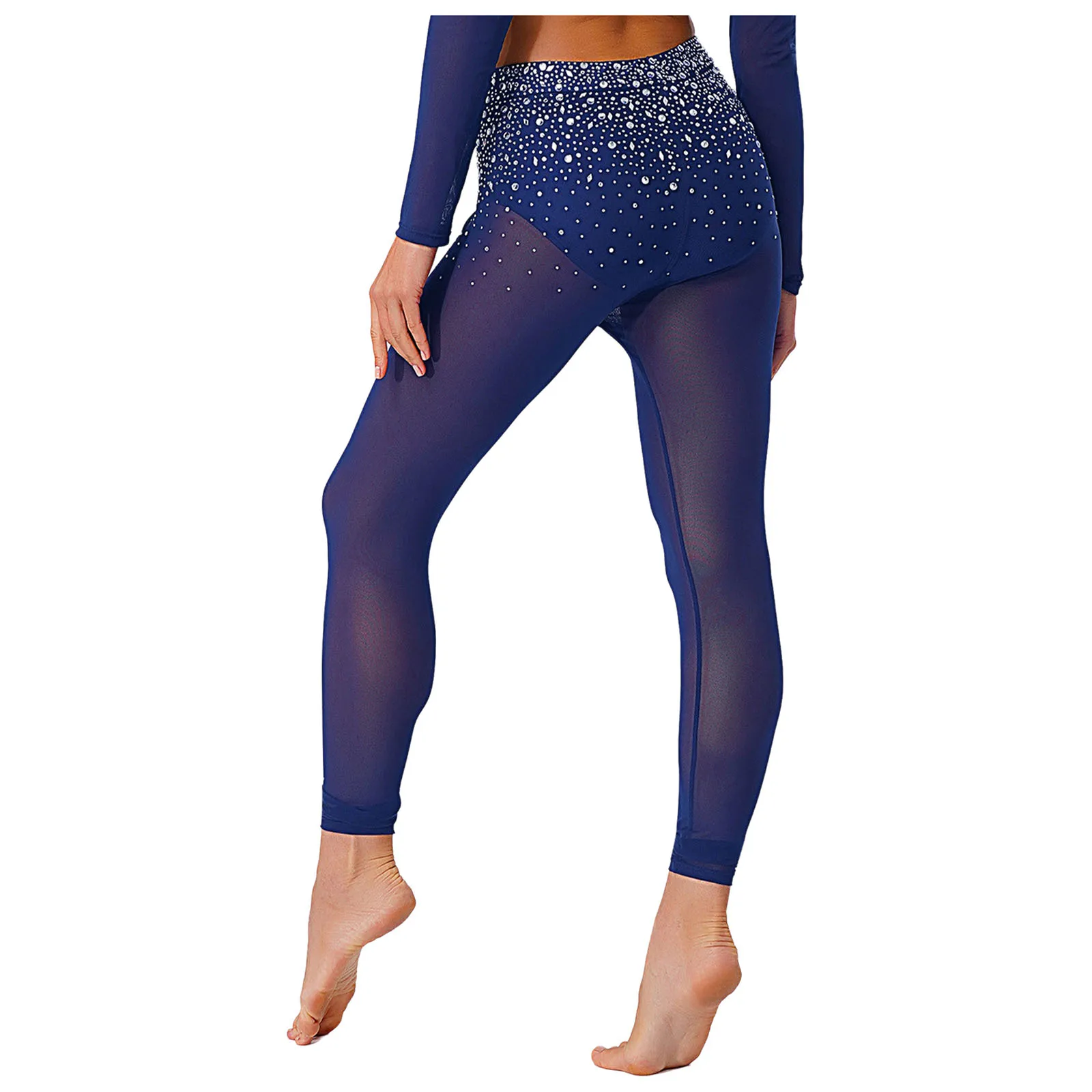 

Glittery Rhinestone Ballet Dance Gymnastics Yoga Workout Pants High Waist Built-in Briefs Sheer Mesh Tights Trousers for Womens