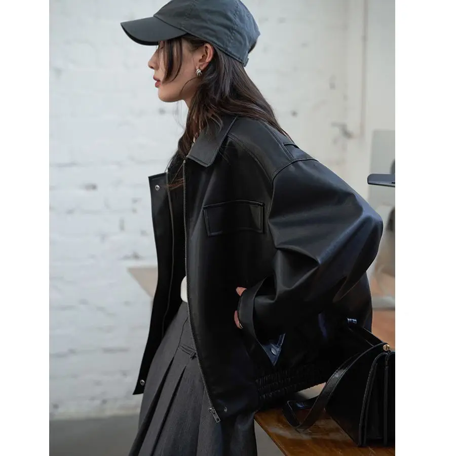 2024 Autumn Leather Jacket Women Oversize Loose Fit Drop Shoulder Short Coat Casual Fashion Trendy Outerwear Tops