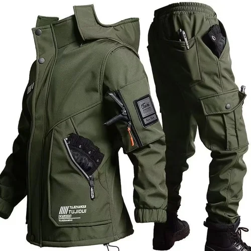 Imagen 2 del producto Nueva chaqueta de motocicleta para hombre con conjunto de entrenamiento de terciopelo de otoño e invierno, chaqueta impermeable antidesgaste resistente al frío, regalos de vacaciones