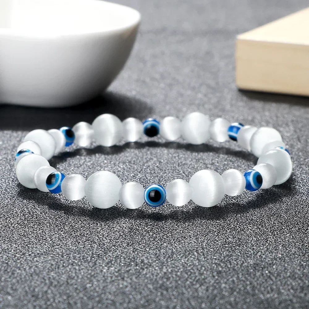 Blue Evil Eye Beaded Bracelets Natural Cat Eye Stone Opal Men Bangles Adjustable Women Bracelet Lucky Yoga Jewelry Gifts