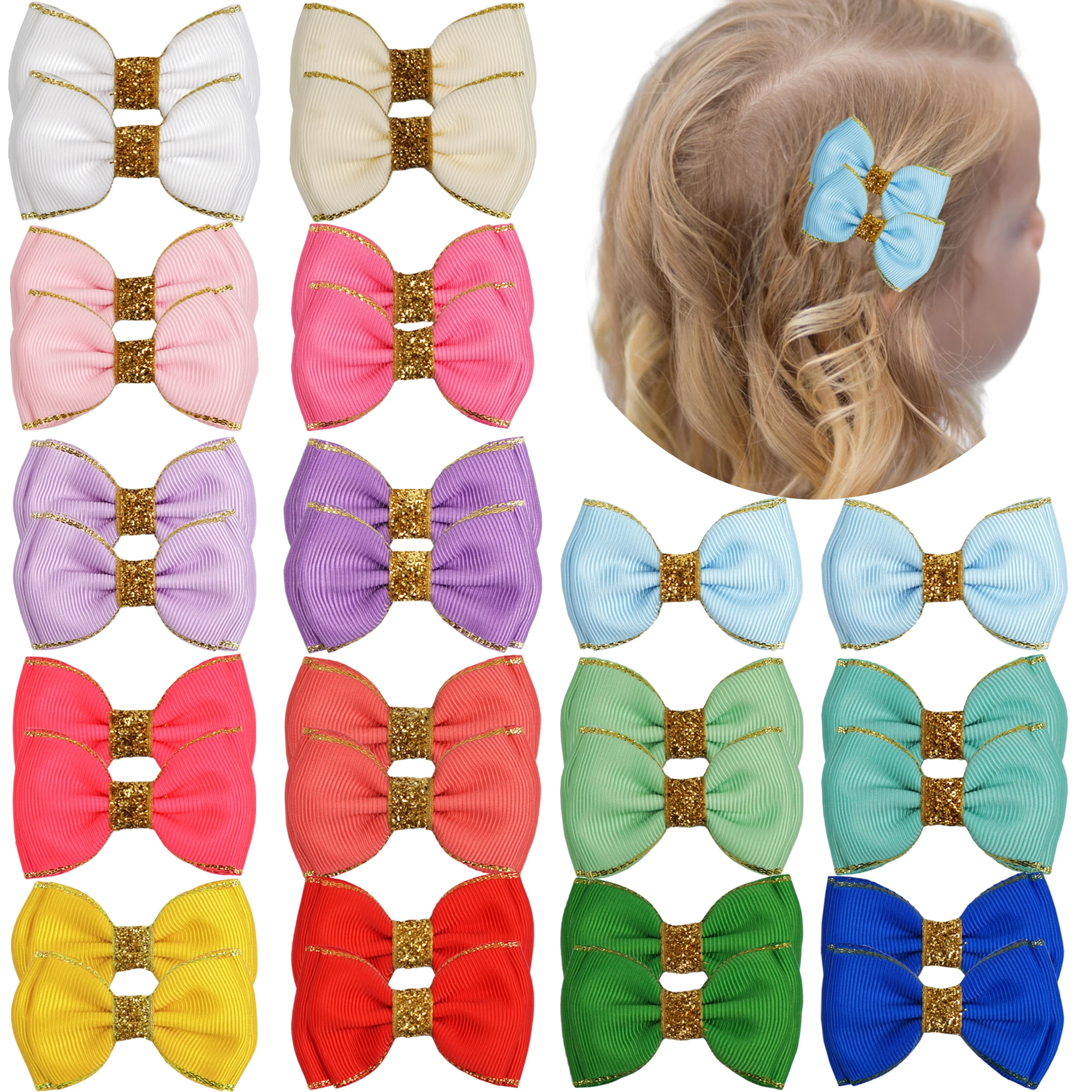 30PCS 3nch Girl Hair Bow Clip Double-layer Gold Ribbon Hair Clip for Girl Hair Accessories Kids Headwear Hairpins Wholesale