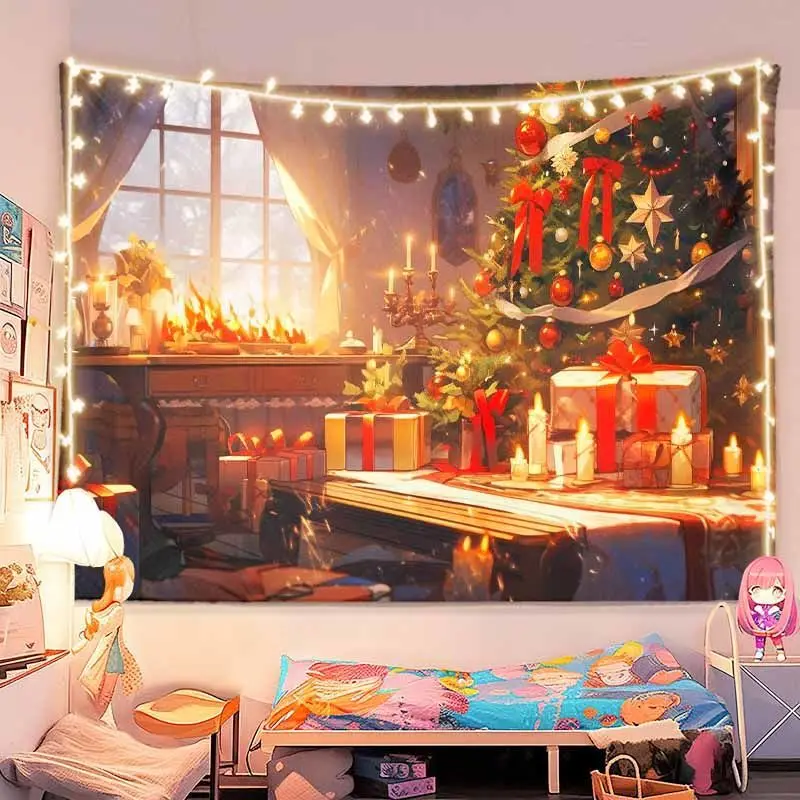 VIKAMA Christmas Piano Fireplace Gift Wall Tapestry Tree Candle Present Box Window Flame Warm Cozy Holiday Festive Decor Vintage