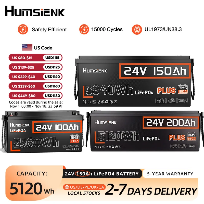 Humsienk 12V 100AH 200AH 24V 200Ah LiFePO4 Battery, Built-in BMS, 15000+ Deep Cycle, Low-Temp Protection, Rechargeable Lithium Battery for RV, Van, Golf Cart, Boat, Camper, Marine, Trolling Motor, Off-Grid, Solar Energy Storage, 5-Year Warranty
