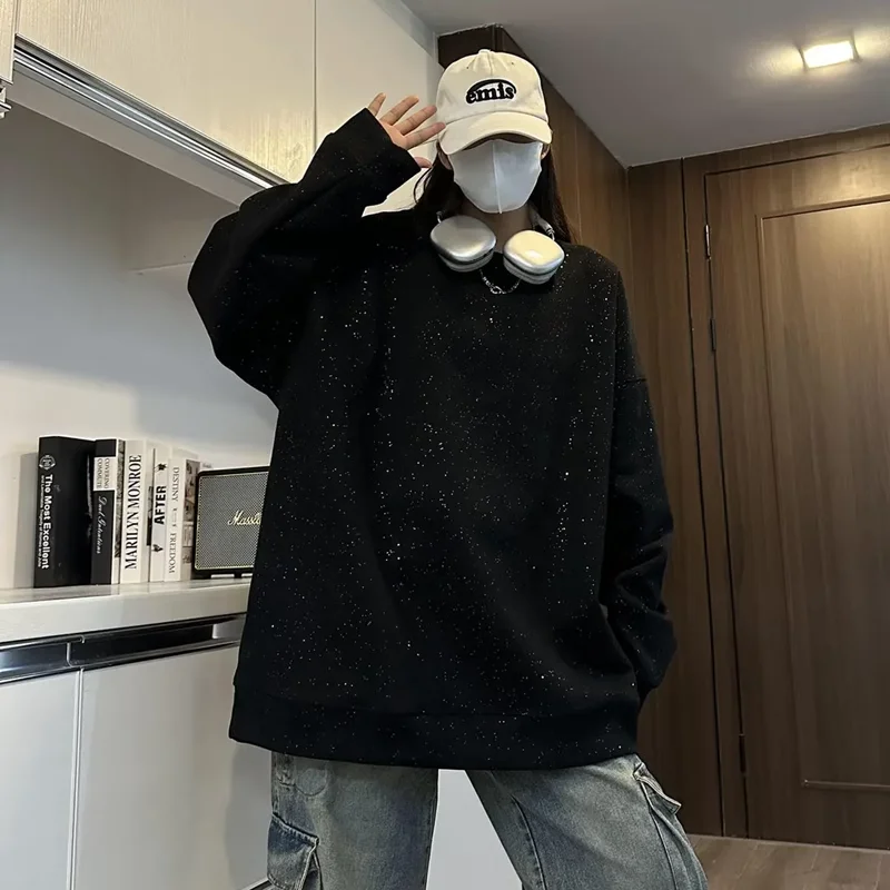Heavyweight Shiny  Star Women's Hoodie Autumn Winter Loose Fit Long Sleeve round Neck Sweatshirt plus Size Street Style Top