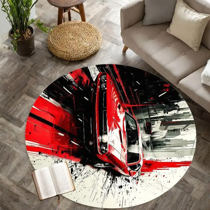 Red Sports Car Carpet Round Mat With Dynamic Racing Design Flannel Soft Floor Rug For Garage Man Cave Automotive Enthusiast