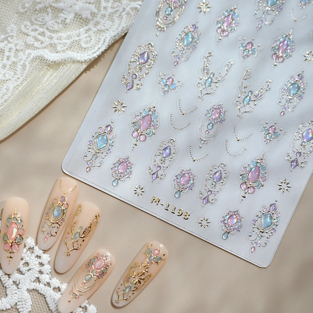 

Delicate Gemstone Jewelry Light Luxury Gold Stamping Necklace Star Tender Dreamy 5D Nail Tips Nail Art Stickers Manicure Decals