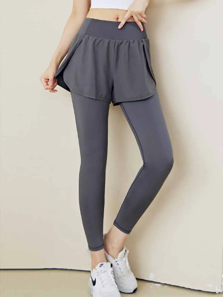 Gym Yoga Pants With Pocket Fitness Fake 2 Pieces Sportswear Training Jogging Tights Women High Waist Sports Leggings With Shorts