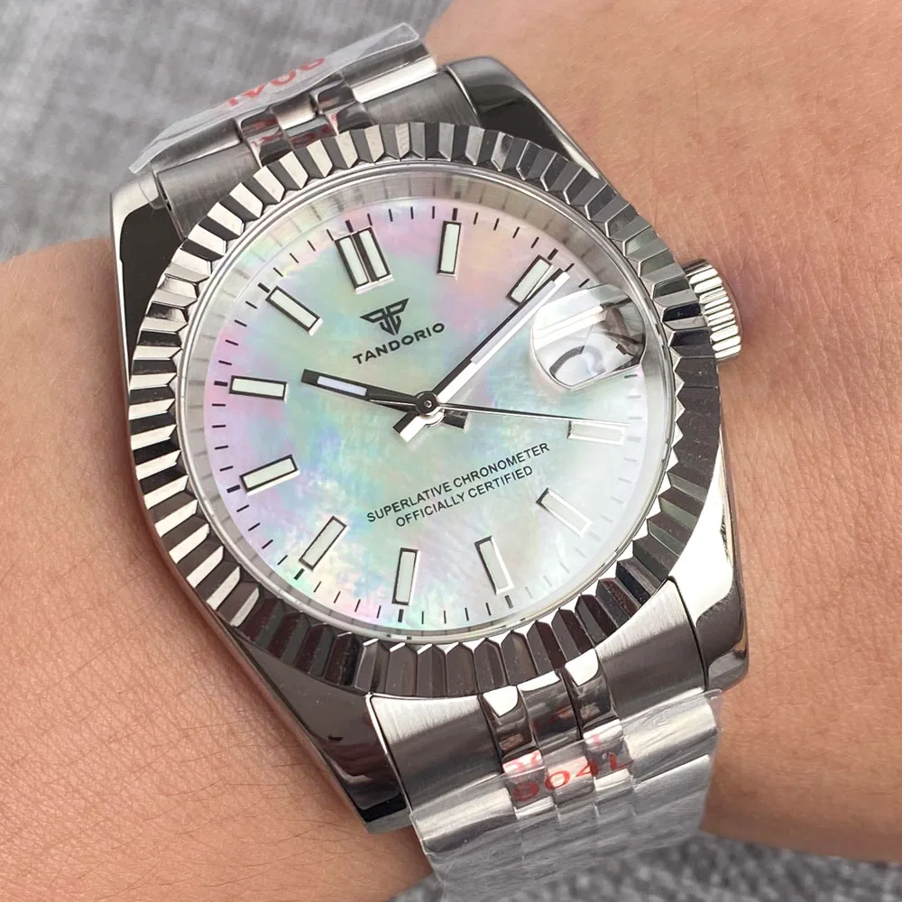 

Tandorio Роскошные 100 м водонепроницаемые 36 мм/39 мм белые/черные перламутровые циферблаты в форме ракушки NH35 автоматические часы для дайвинга с сапфировым стеклом