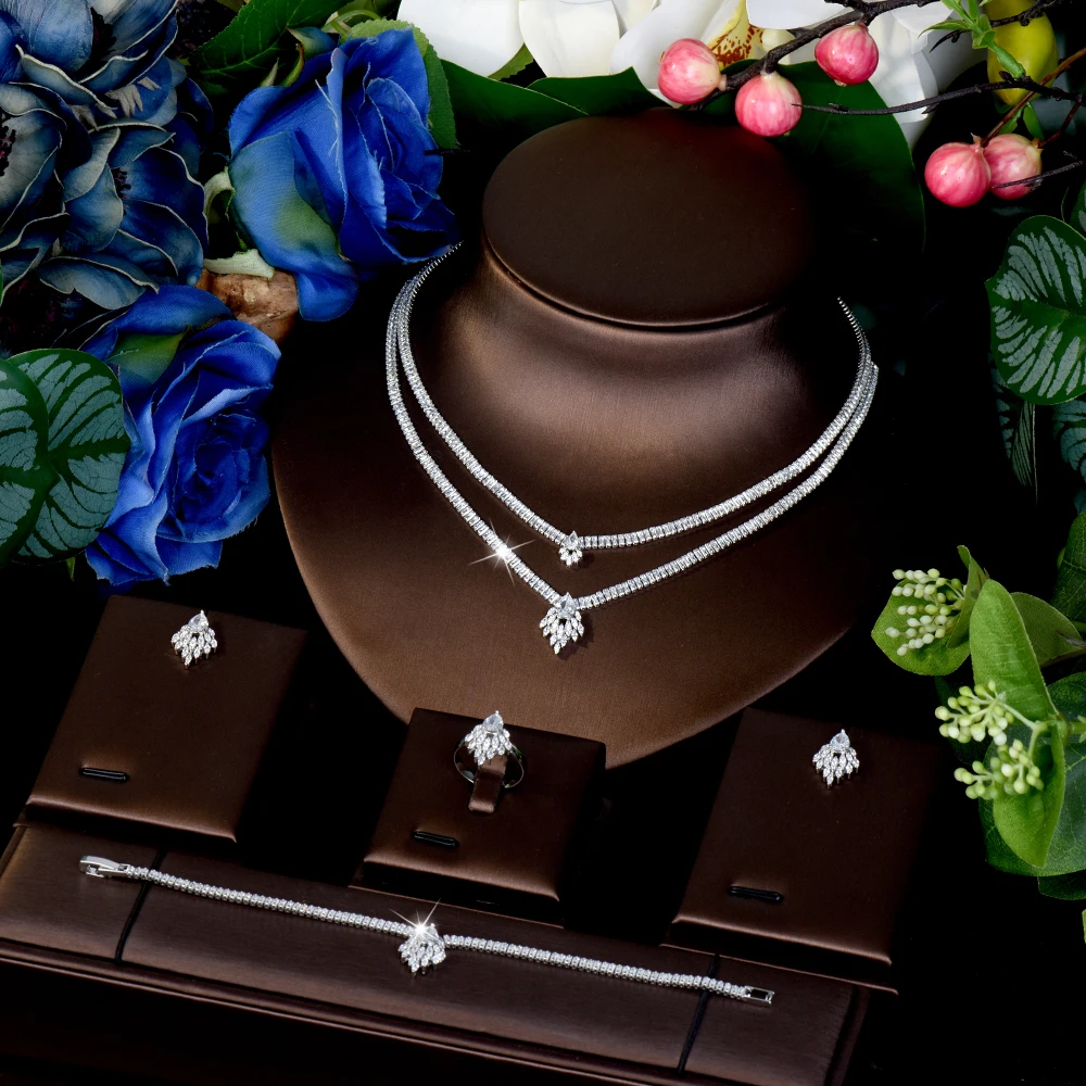 

HIBRIDE Simple and exquisite two-layer necklace, earrings, bracelet, light luxury jewelry set, Dubai wedding dress gift S-969