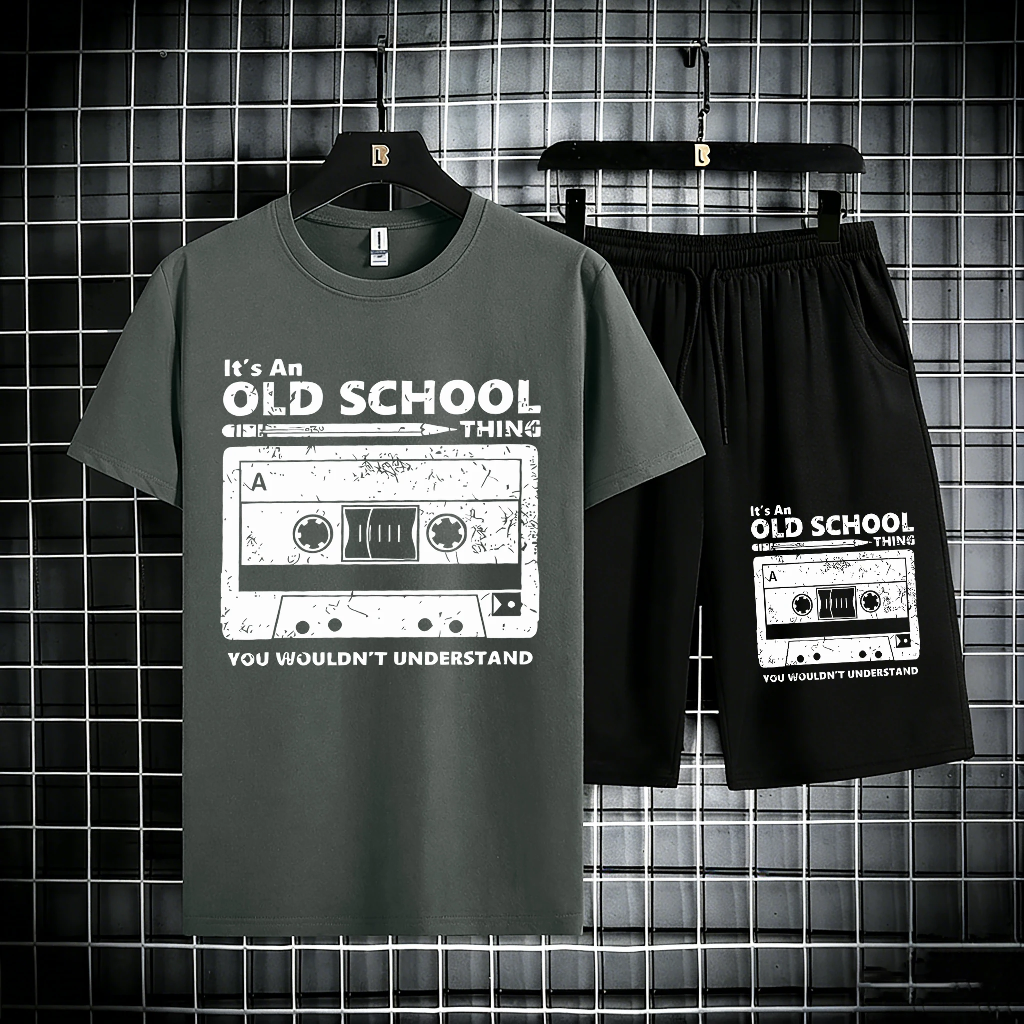 

It'S An Old School Thing Tape Printing Man'S Cotton Summer Simple Tees Set Daily Oversize Shorts Street Gym T-Shirt Casual Pants