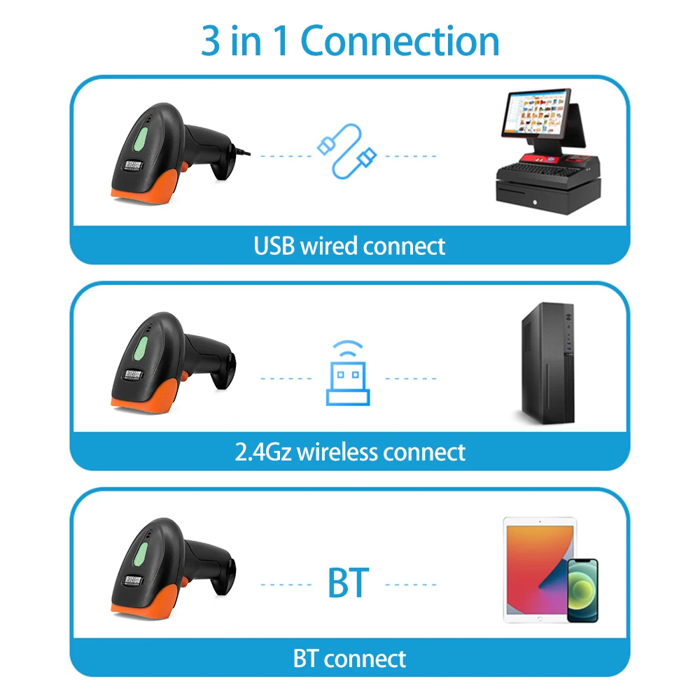 Handheld 1D/2D/QR Barcode Scanner BT+2.4G Wireless USB Wired Bar Code Reader Manual / Continuous Scanning CMOS Image Sensor