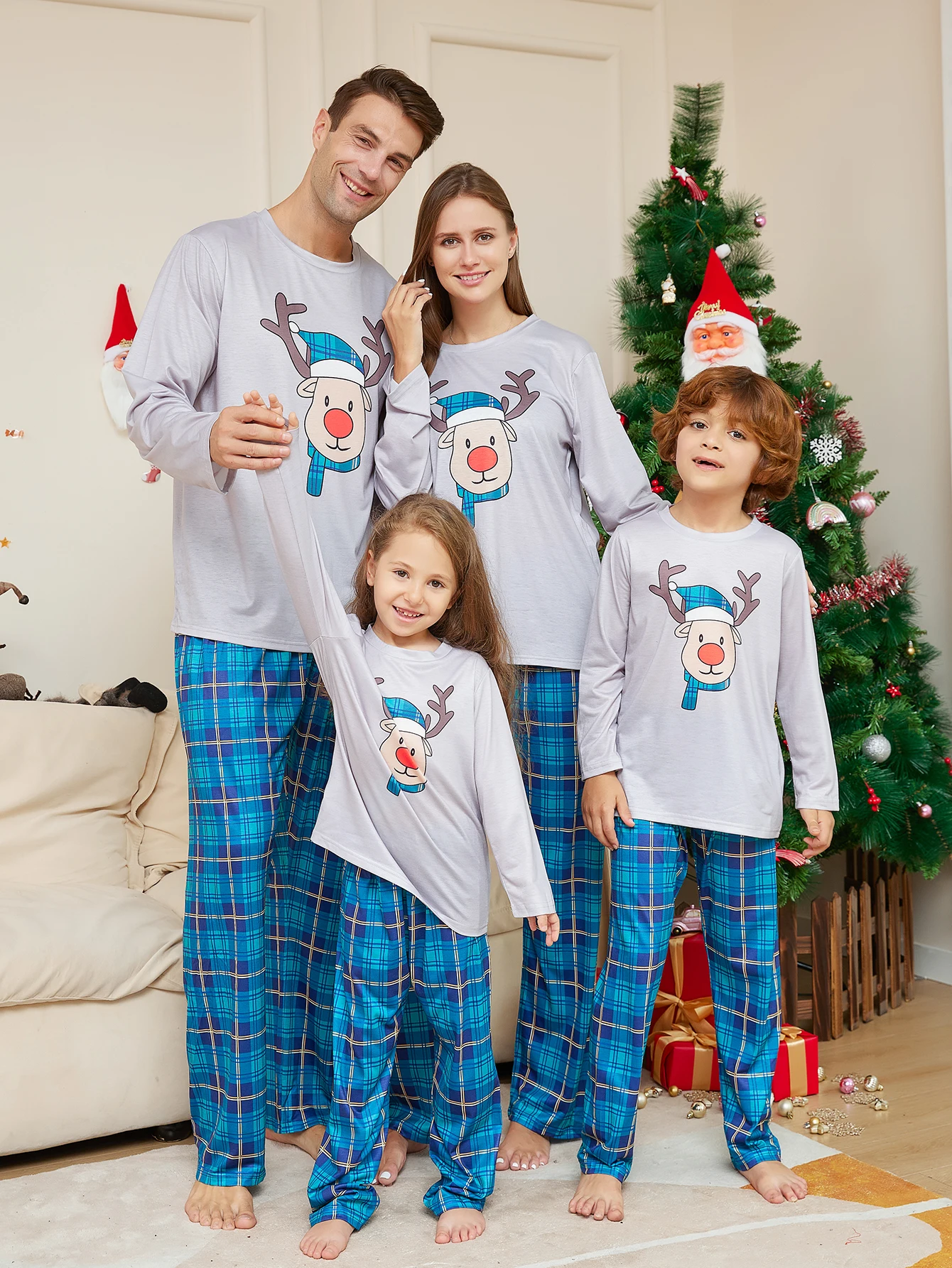 

Family Matching Christmas Pajama Sets, Unisex Kids & Adults, Cute Reindeer Print Tops + Plaid Bottoms, Festive Xmas Sleepwear