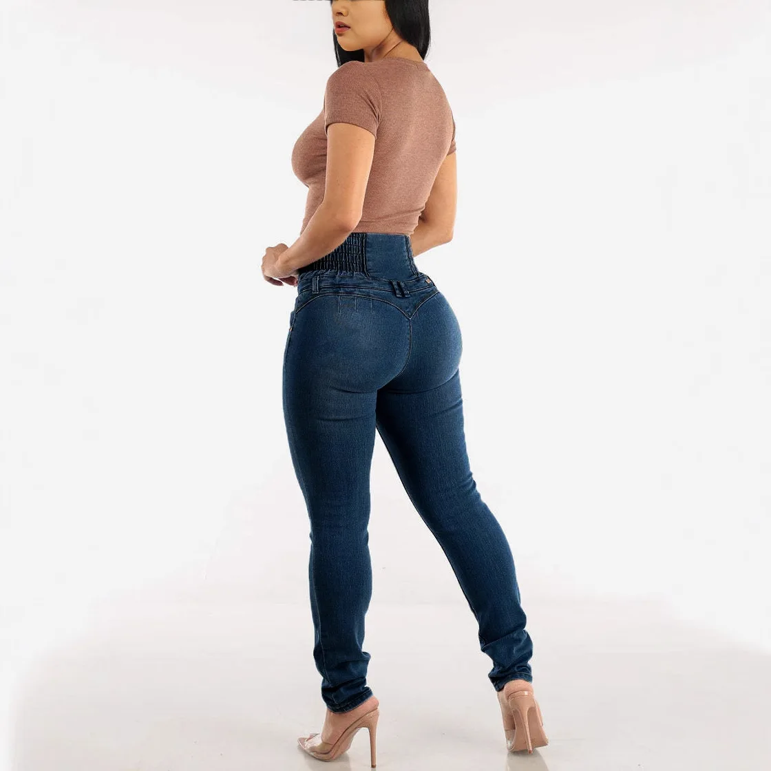 2025 New Stretchy Slimming Button Fly Pencil Fit High Waist Butt Lifting Jeans Women Dark Blue Light Blue Multi Size Options