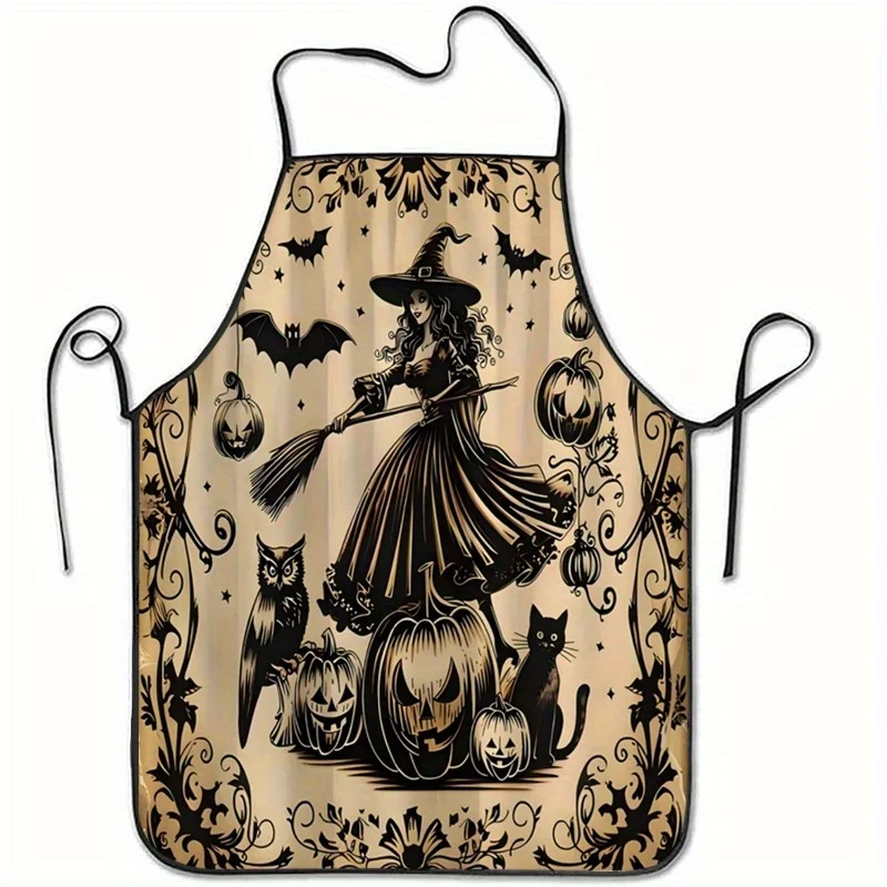 1pc Witch Broom Pumpkins Halloween-Themed Polyester Apron Sleeveless, Lightweight Durable for Home Kitchen Baking Grilling