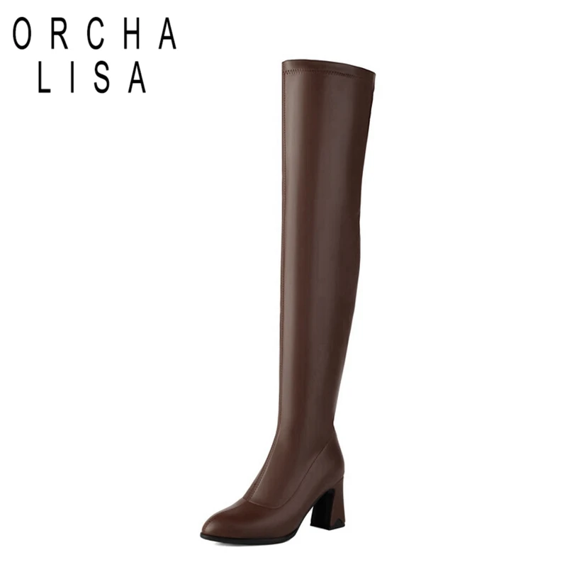 

ORCHALISA New Winter Autumn Over Knee Boots 8cm Chunky Heel Zip Round Toe Leather Thigh High Fashion Big Size 48 US17