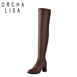 ORCHALISA nuovo inverno autunno sopra gli stivali al ginocchio 8cm tacco grosso punta tonda in pelle coscia alta moda Big Size 48 US17