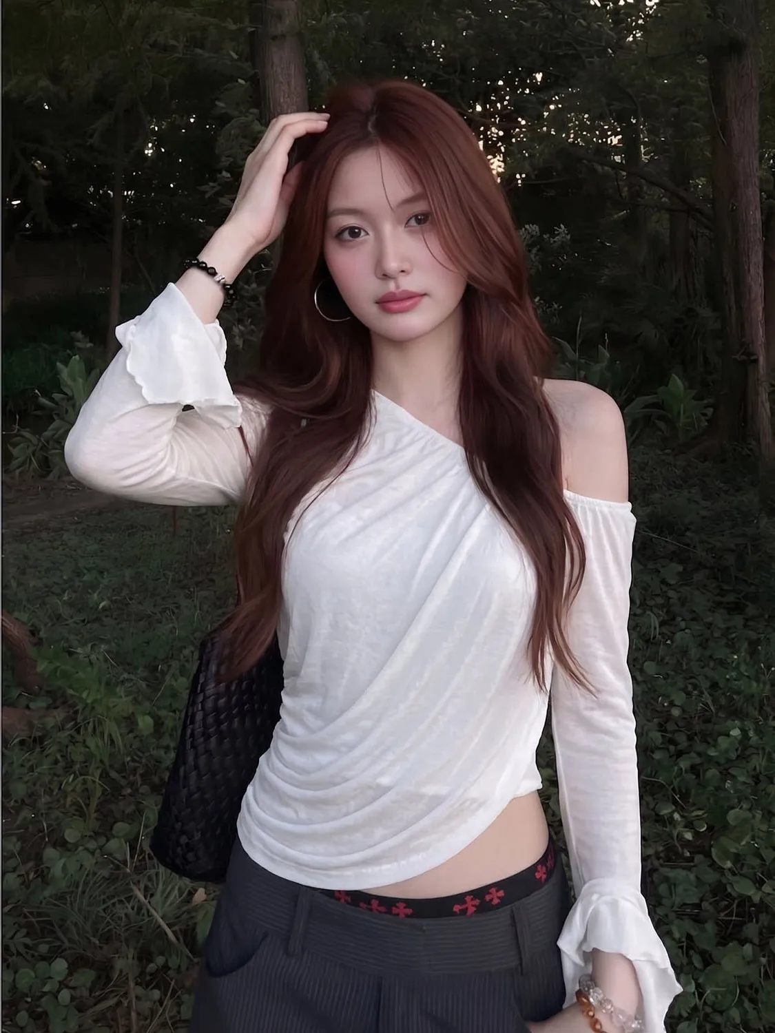 Slimming Pure Desire Asymmetrical Shoulder Long Sleeve T-Shirt Pleated Waist Micro Transparent Casual Style Women's Top