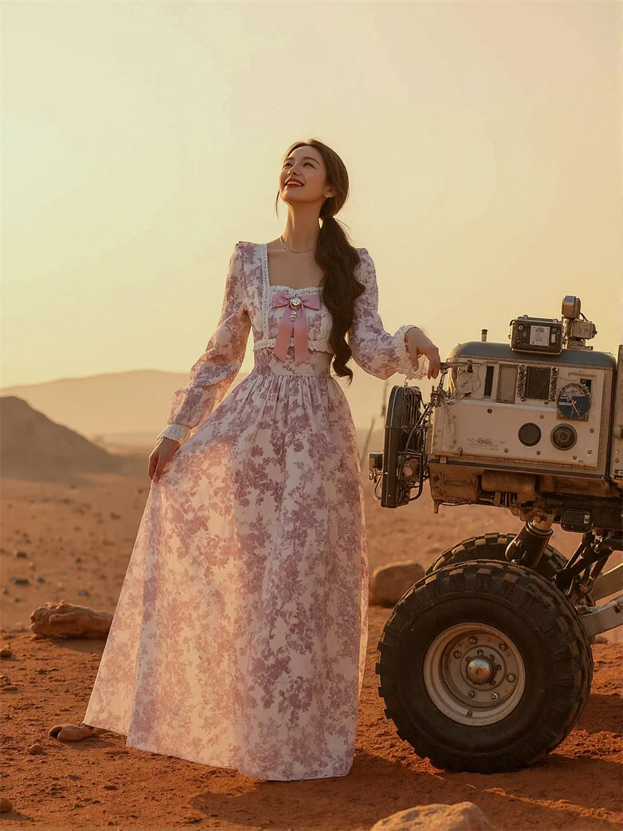 Robe rose femme mi-mollet ample douce Cottagecore Fairycore esthétique esthétique littéraire Boho bohème Vintage rétro