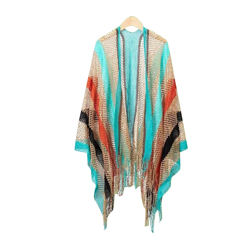 A fashion Joker hollow colorful long national style loose sunscreen cardigan shawl