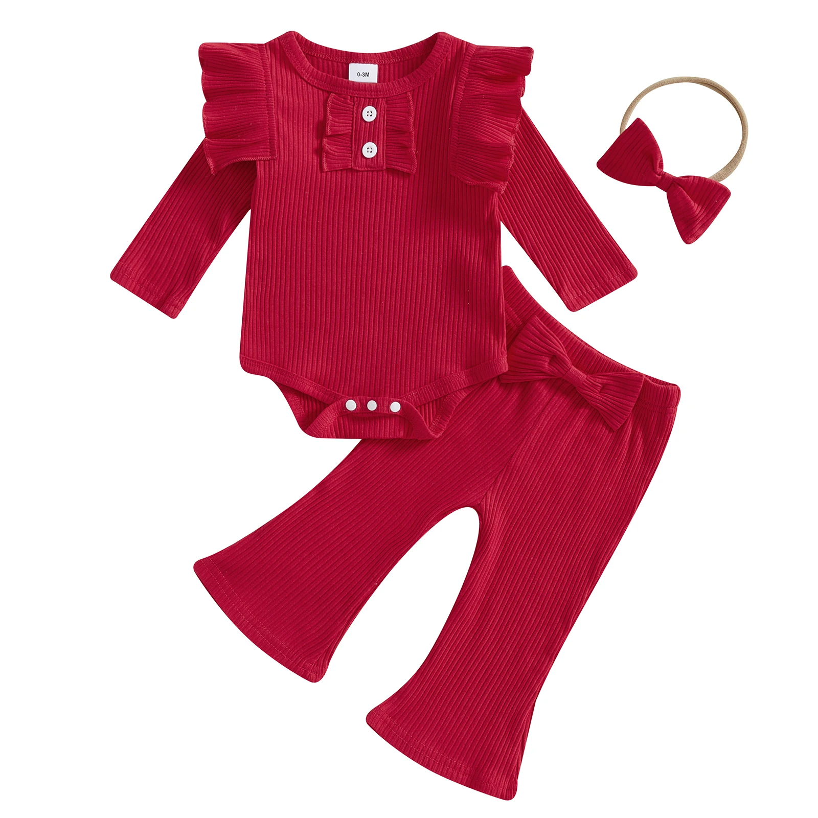 Barboteuse à Manches sulfet Pantalon Évasé pour Bébé Fille, Tenue 3 Pièces, Couleur Unie, avec Bande de Sauna, Ensemble de Lit en Ddeau, Vêtements pour Nouveau-Né, Automne