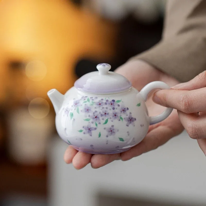 Jade Clay White Porcelain Hand-painted Flower Mouth Teapot KungFu TeaSet Purple High-value Teapot Ball Hole Filter Hand-held Pot