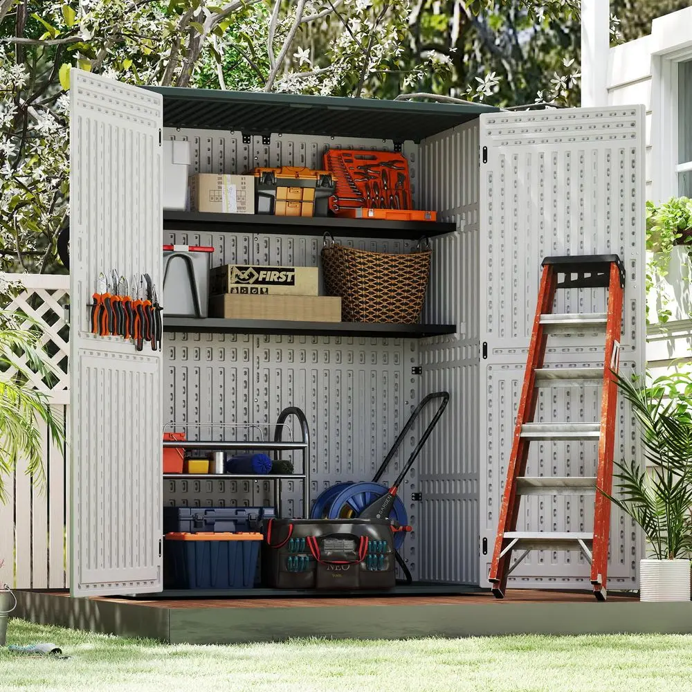 

Vertical Resin Storage Shed with 2 Shelves, 60 Cuft Garden Tool Sheds amp Outdoor Storage, Plastic Outdoor Storage Cabinet Wate