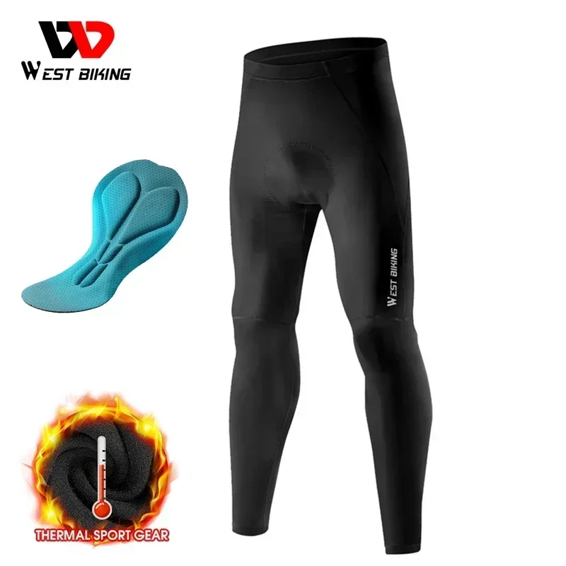 WEST BIKING Winter Cycling Pants With Pads Windproof Fleece Tights MTB Enduro Road Bike Compression Pants Thermal Sport Gear