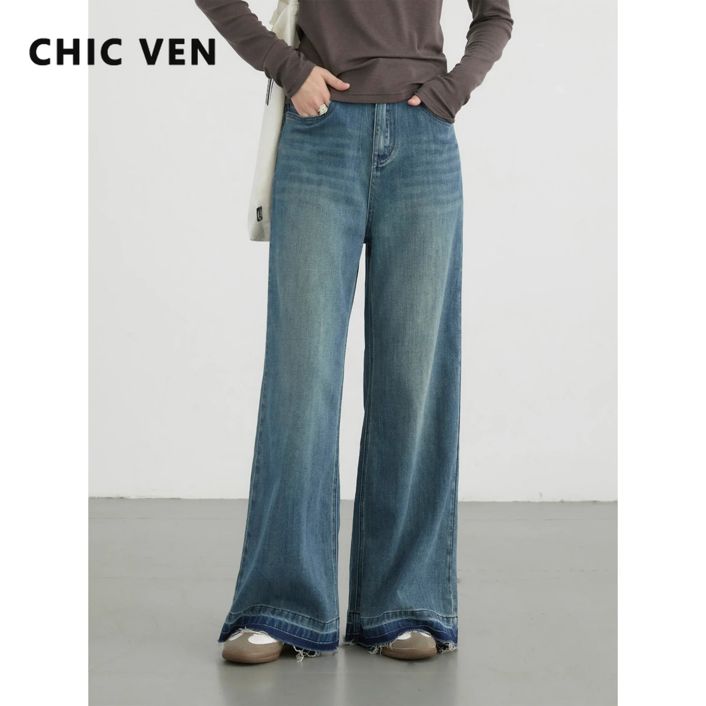 CHIC VEN Women Jeans Blue High Waist Vintage Loose Straight Denim Pant Soft Wide Leg Female Trousers Spring Autumn 2024