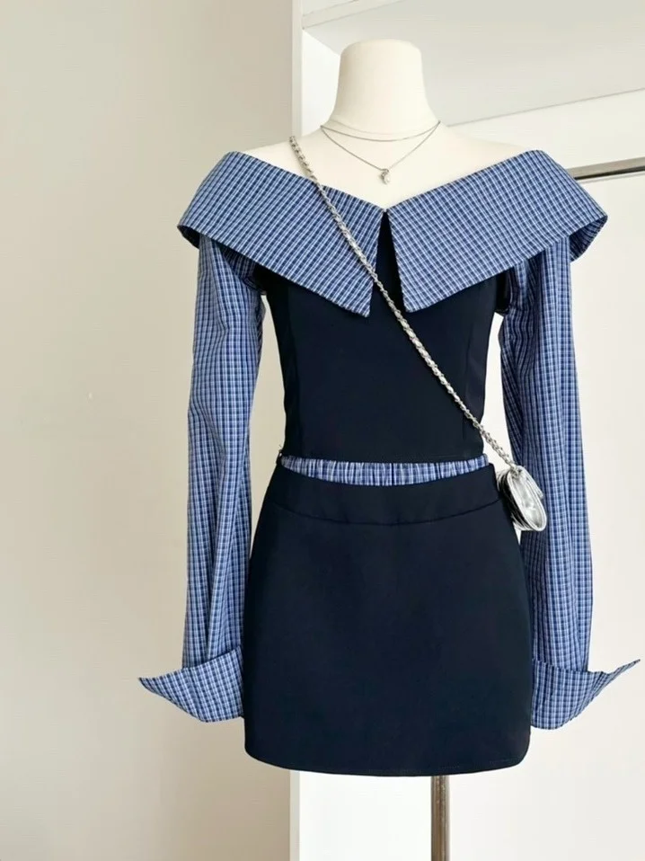 

Корейская мода, ретро клетчатая юбка на одно плечо, длинная облегающая юбка с высокой талией, комплект из двух предметов, женский наряд