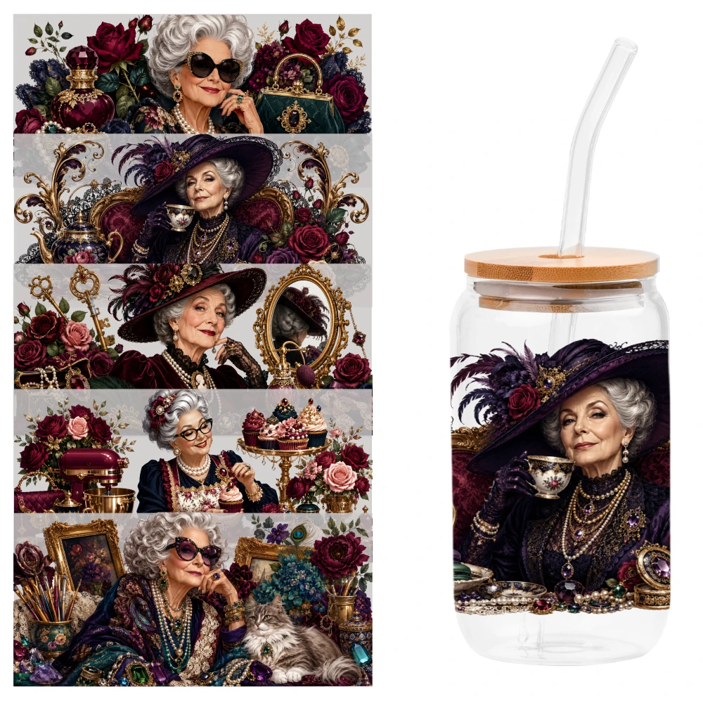 5 Sheets Elegant Elderly Lady UV DTF Stickers Mug Decoration Gift Glass DTF Transfer Stickers Cups Decoration