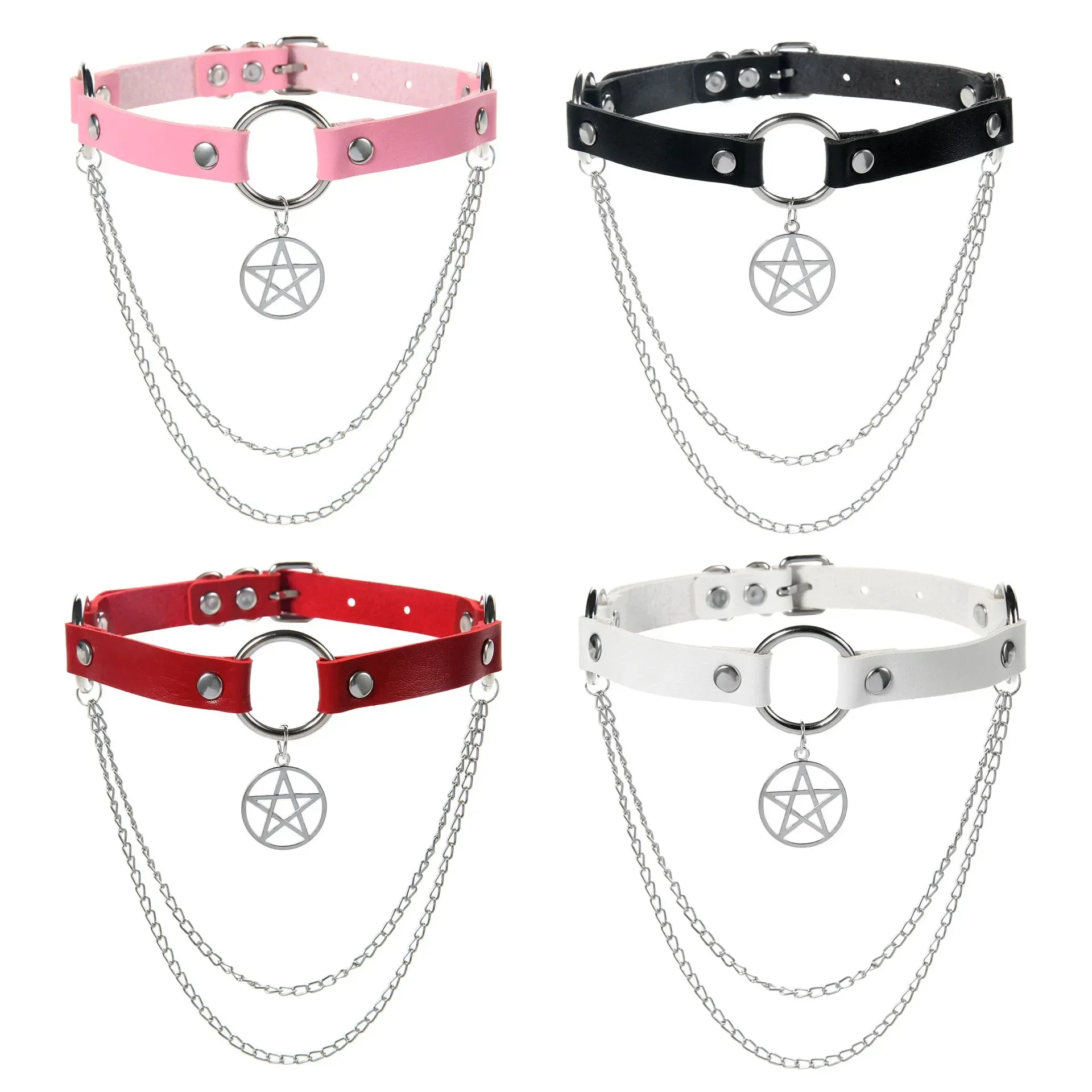 Punk Gothic Personality Rock and roll Dark style Non-mainstream Five-pointed star Chain Multicolored Leather Alloy Necklace