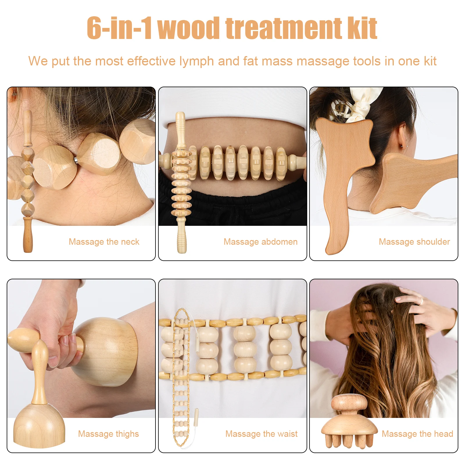 

6 pcs Wooden Massage Tools Set Core Therapy Massager Kit Body Shaping Relief Back Pain Cubed Roller Stick Cups Engraved Roller
