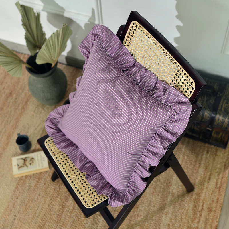 Vintage Scalloped Pillow Case Lavendor Purple Cotton Stripe Back Cushion Cover Home Office Studio Aesthetic Room Decor 45x45cm