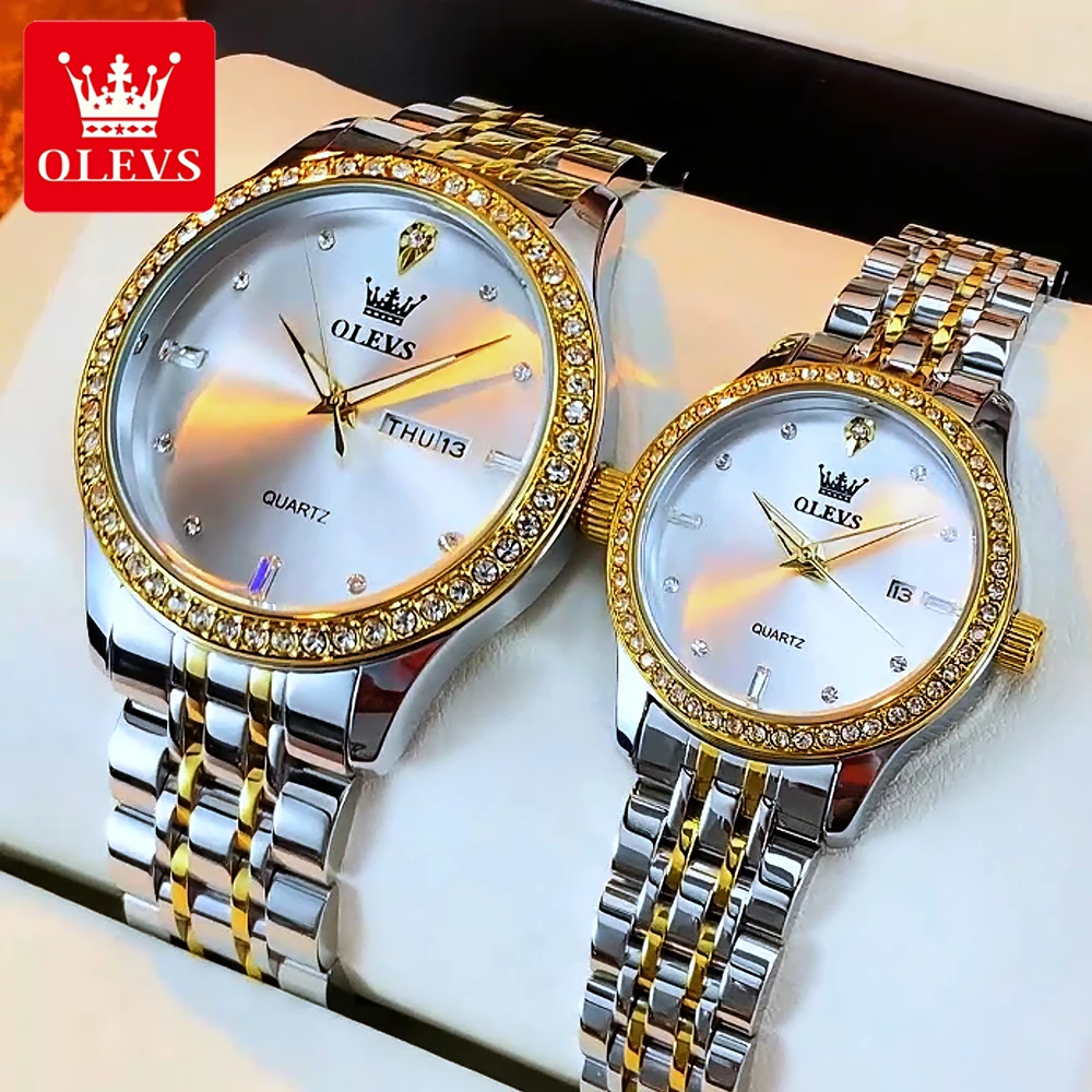 OLEVS Couple Watches Top Brand Luxury Fashion Zircon Bezel Original Quartz Wristwatch Waterproof Luminous Date Week 3625 New
