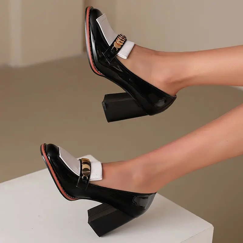 REAVE القط تصميم النساء مضخات ساحة تو 8 سنتيمتر كتلة الكعوب الانزلاق على مختلط اللون المعادن الديكور أحذية أنيقة حجم كبير 46 47 48 #3