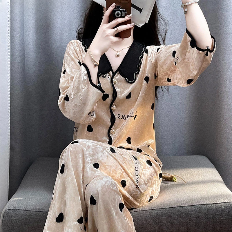 Top Grade  Velvet Pajamas  Lady  Autumn and Winter  Long Sleeved  Button  Sexy  Lapel Collar  Home Clothing Set  New Doll Collar