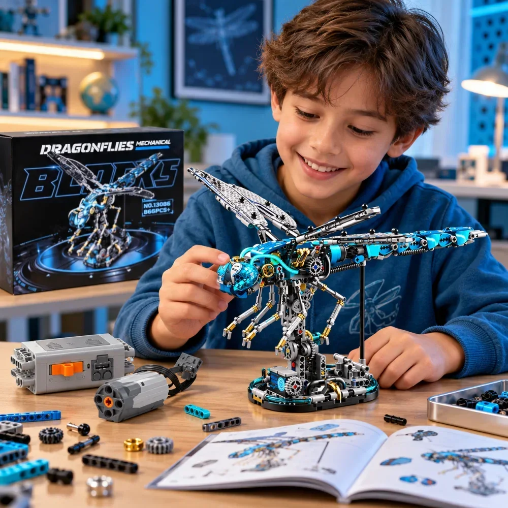 866Pcs Mechanical Dragonfly Building Set Flapping Wings Insect Series Light Power Module Creative Christmas Birthday Gifts Toy