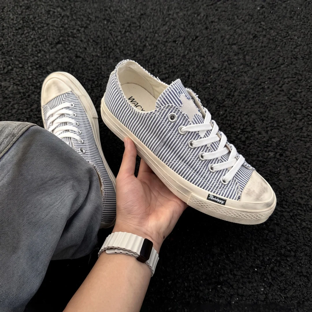 Blue‑White Stripe Star Embroidery Distressed Dirty Skate Shoes, Unisex Low Top Canvas Shoes Retro Niche Couple Casual Trendy Sne