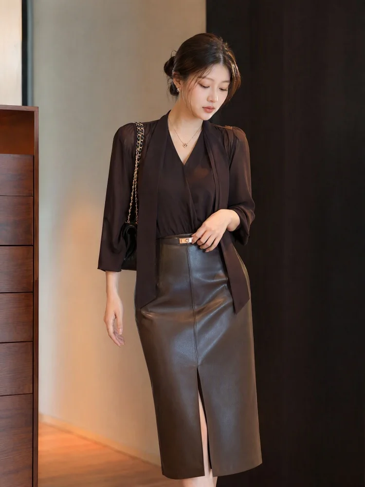 Brown PU Leather Midi Skirt for Women High Waist Pencil Skirt Front Slit Straight Wrap Bodycon Skirt Autumn Office Wear