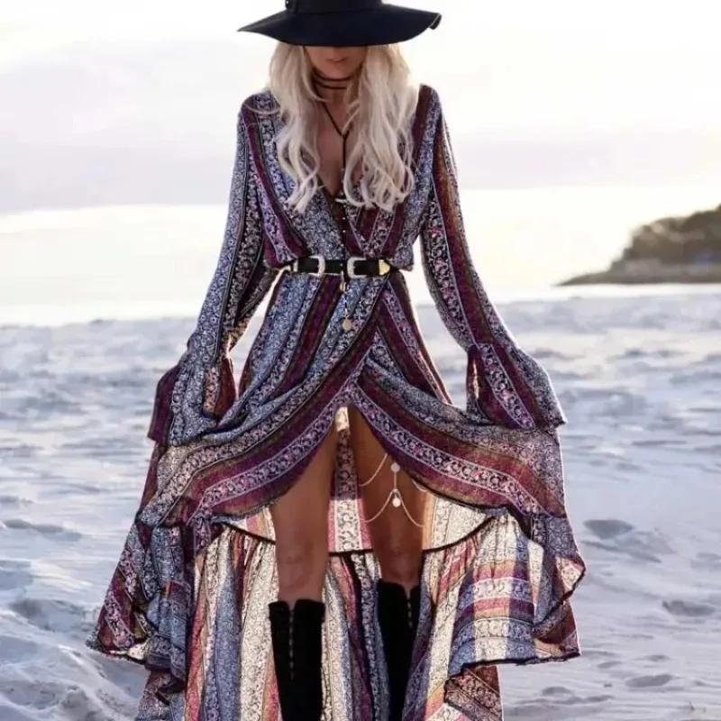 Cottagecore Dress Casual Floral Printed Sexy Split Long Sleeve Tunic Wrap Summer Dresse Boho Hippie Chic Vestidos 2023 Beachwear