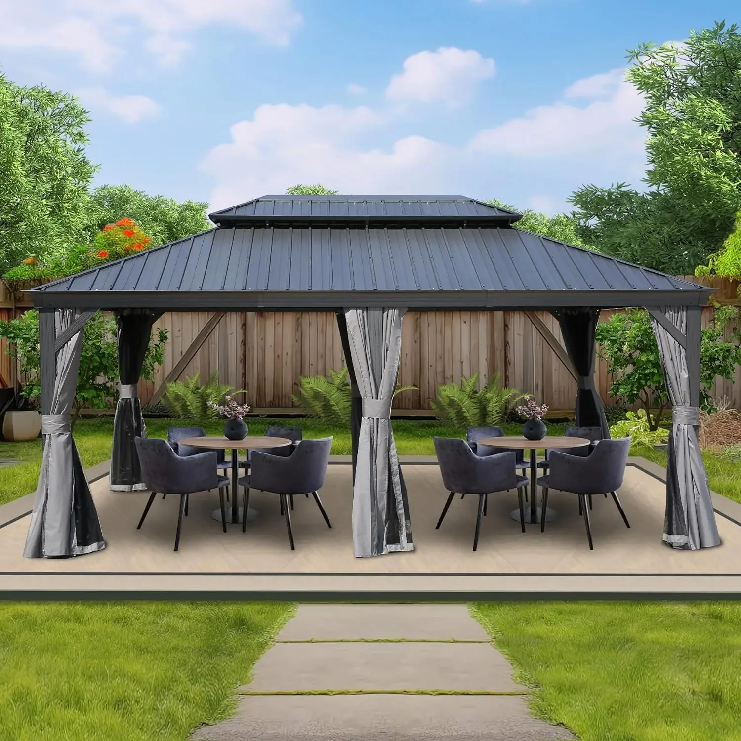 12' X 18' Hardtop Gazebo, Aluminum Metal with Galvanized Steel Double Roof Canopy, Backyard, Deck, Lawn (Gray)