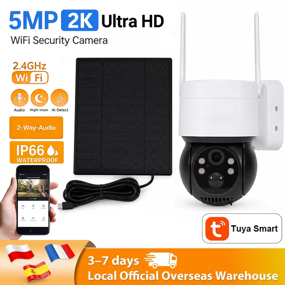 Solar-PTZ-Kamera Tuya SmartLife 2,4G WiFi 5MP Bewegungsverfolgung Farb-Nachtsicht Outdoor PTZ CCTV Sirenen-Licht-Alarm-Kamera PIR-Benachrichtigungen IP66 Wasserdicht Solarbetrieben Zwei-Wege-Audio