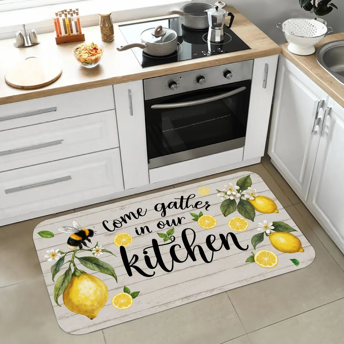 Modern Soft Bathroom Bedroom Lemon & Honey Bee Adhesive Rug, Machine-Washable Mat, Soft Mat for &, Decorative Rug