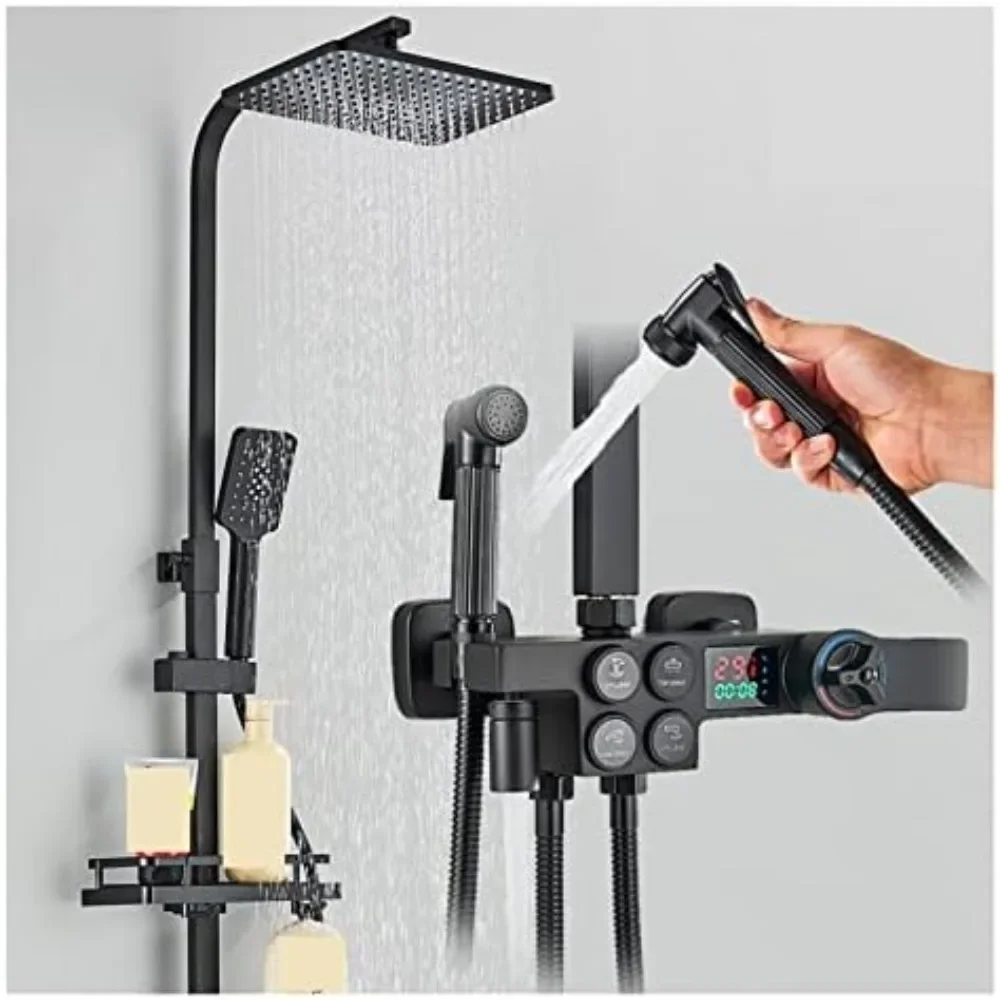 

Thermostatic Faucet Set Shower System,Modern Black and Gold Digital Thermostatic Bathroom Shower System with Rainfall Showerhead