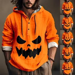 Men'S Casual Fashion Funny Pumpkin 3d Printed Button Up Hoodies Halloween Series Clothing Drawstring Hooded Loose Sweatshirts