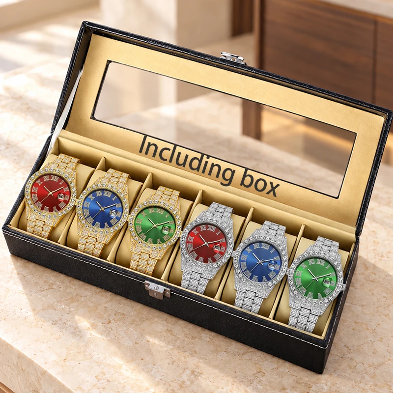 6Pcs Bling Iced Out Diamond Men Quartz Watch Set + PU Leather 6 Slots Watch Display Box Male Wristwatch Collection Gift