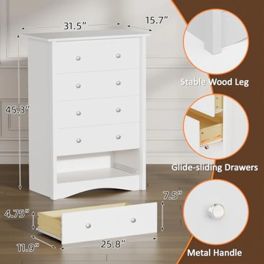 Bedroom tall dresser with 5 drawers, solid wood construction, natural oak finish, spacious storage and smooth-gliding drawers